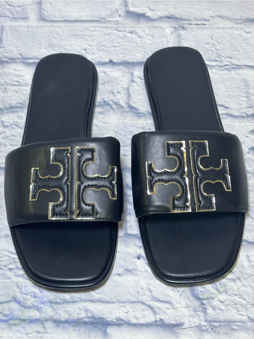 TORY BURCH Double T Sport Leather Slide Sandal Perfect Black Size 9.5 (40)